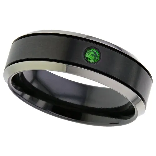 Zirconium Ring - Chamfered Edges Set with 1 X 2.5mm  Green Diamond